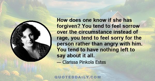 How does one know if she has forgiven? You tend to feel sorrow over the circumstance instead of rage, you tend to feel sorry for the person rather than angry with him. You tend to have nothing left to say about it all.