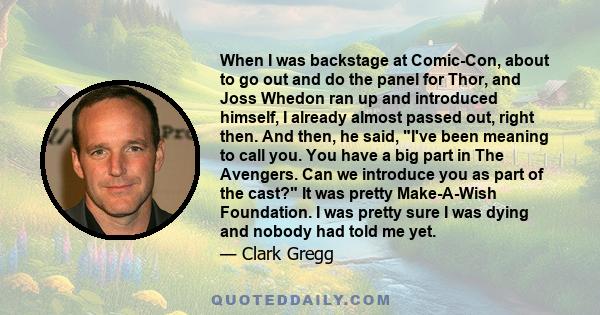 When I was backstage at Comic-Con, about to go out and do the panel for Thor, and Joss Whedon ran up and introduced himself, I already almost passed out, right then. And then, he said, I've been meaning to call you. You 