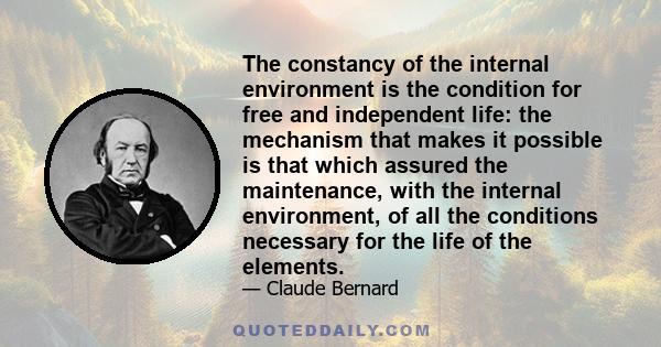 The constancy of the internal environment is the condition for free and independent life: the mechanism that makes it possible is that which assured the maintenance, with the internal environment, of all the conditions