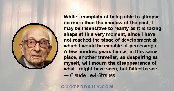 While I complain of being able to glimpse no more than the shadow of the past, I may be insensitive to reality as it is taking shape at this very moment, since I have not reached the stage of development at which I