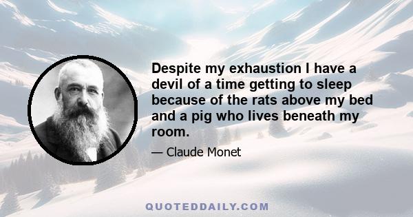 Despite my exhaustion I have a devil of a time getting to sleep because of the rats above my bed and a pig who lives beneath my room.