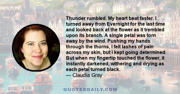 Thunder rumbled. My heart beat faster. I turned away from Evernight for the last time and looked back at the flower as it trembled upon its branch. A single petal was torn away by the wind. Pushing my hands through the