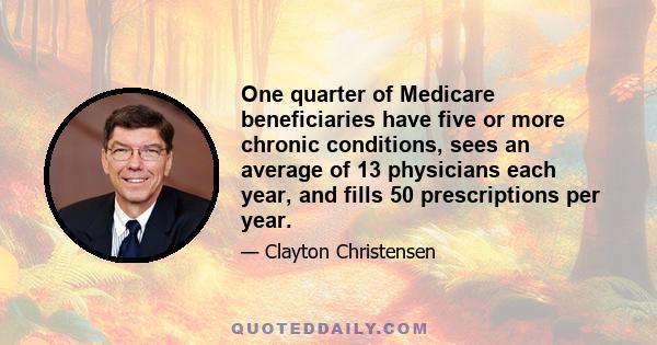 One quarter of Medicare beneficiaries have five or more chronic conditions, sees an average of 13 physicians each year, and fills 50 prescriptions per year.