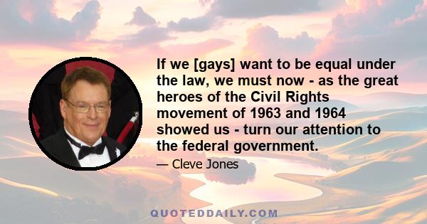 If we [gays] want to be equal under the law, we must now - as the great heroes of the Civil Rights movement of 1963 and 1964 showed us - turn our attention to the federal government.