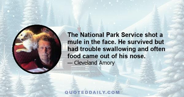 The National Park Service shot a mule in the face. He survived but had trouble swallowing and often food came out of his nose.