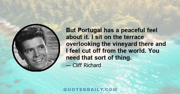 But Portugal has a peaceful feel about it. I sit on the terrace overlooking the vineyard there and I feel cut off from the world. You need that sort of thing.