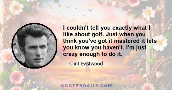 I couldn't tell you exactly what I like about golf. Just when you think you've got it mastered it lets you know you haven't. I'm just crazy enough to do it.