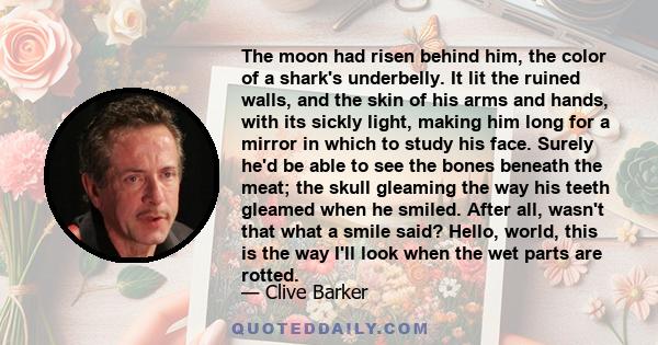 The moon had risen behind him, the color of a shark's underbelly. It lit the ruined walls, and the skin of his arms and hands, with its sickly light, making him long for a mirror in which to study his face. Surely he'd