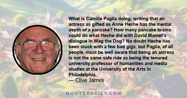 What is Camille Paglia doing, writing that an actress as gifted as Anne Heche has the mental depth of a pancake? How many pancake brains could do what Heche did with David Mamet's dialogue in Wag the Dog? No doubt Heche 