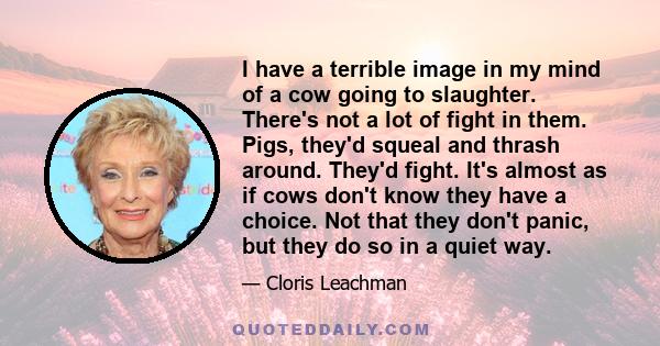 I have a terrible image in my mind of a cow going to slaughter. There's not a lot of fight in them. Pigs, they'd squeal and thrash around. They'd fight. It's almost as if cows don't know they have a choice. Not that