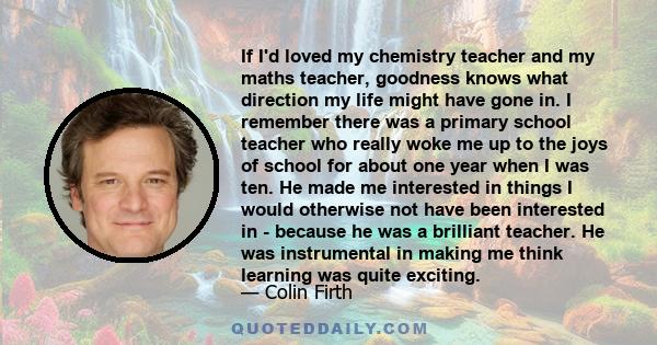 If I'd loved my chemistry teacher and my maths teacher, goodness knows what direction my life might have gone in. I remember there was a primary school teacher who really woke me up to the joys of school for about one