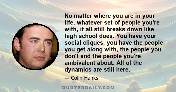 No matter where you are in your life, whatever set of people you're with, it all still breaks down like high school does. You have your social cliques, you have the people you get along with, the people you don't and