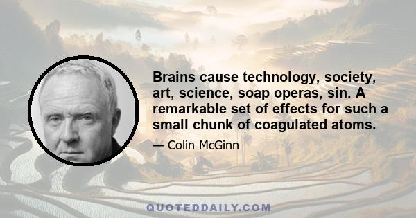 Brains cause technology, society, art, science, soap operas, sin. A remarkable set of effects for such a small chunk of coagulated atoms.