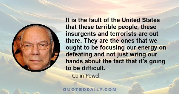 It is the fault of the United States that these terrible people, these insurgents and terrorists are out there. They are the ones that we ought to be focusing our energy on defeating and not just wring our hands about