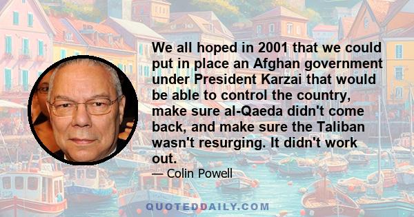 We all hoped in 2001 that we could put in place an Afghan government under President Karzai that would be able to control the country, make sure al-Qaeda didn't come back, and make sure the Taliban wasn't resurging. It