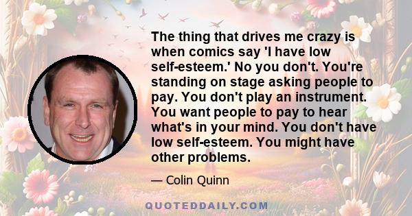 The thing that drives me crazy is when comics say 'I have low self-esteem.' No you don't. You're standing on stage asking people to pay. You don't play an instrument. You want people to pay to hear what's in your mind.