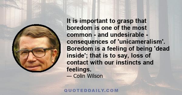 It is important to grasp that boredom is one of the most common - and undesirable - consequences of 'unicameralism'. Boredom is a feeling of being 'dead inside'; that is to say, loss of contact with our instincts and