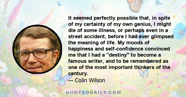 It seemed perfectly possible that, in spite of my certainty of my own genius, I might die of some illness, or perhaps even in a street accident, before I had ever glimpsed the meaning of life. My moods of happiness and