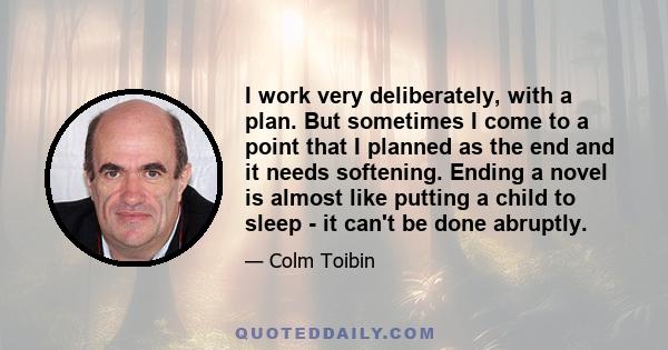 I work very deliberately, with a plan. But sometimes I come to a point that I planned as the end and it needs softening. Ending a novel is almost like putting a child to sleep - it can't be done abruptly.