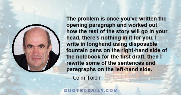 The problem is once you've written the opening paragraph and worked out how the rest of the story will go in your head, there's nothing in it for you. I write in longhand using disposable fountain pens on the right-hand 