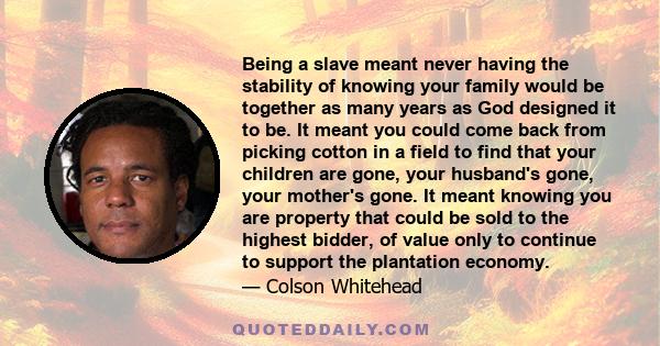 Being a slave meant never having the stability of knowing your family would be together as many years as God designed it to be. It meant you could come back from picking cotton in a field to find that your children are