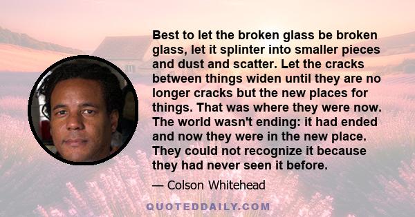 Best to let the broken glass be broken glass, let it splinter into smaller pieces and dust and scatter. Let the cracks between things widen until they are no longer cracks but the new places for things. That was where