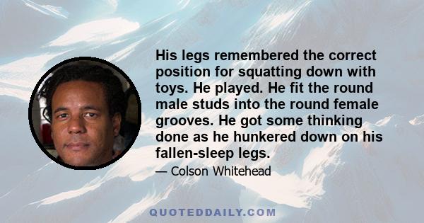 His legs remembered the correct position for squatting down with toys. He played. He fit the round male studs into the round female grooves. He got some thinking done as he hunkered down on his fallen-sleep legs.