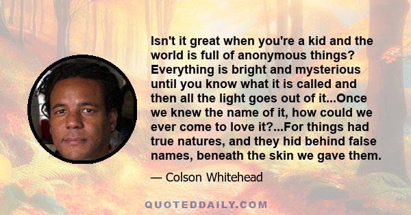 Isn't it great when you're a kid and the world is full of anonymous things? Everything is bright and mysterious until you know what it is called and then all the light goes out of it...Once we knew the name of it, how