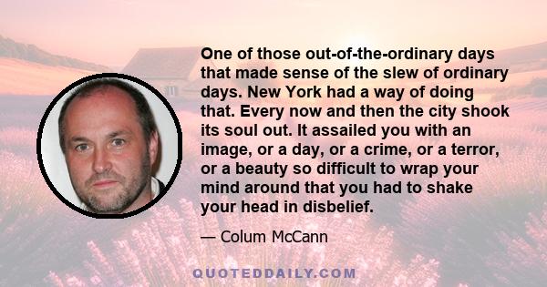 One of those out-of-the-ordinary days that made sense of the slew of ordinary days. New York had a way of doing that. Every now and then the city shook its soul out. It assailed you with an image, or a day, or a crime,