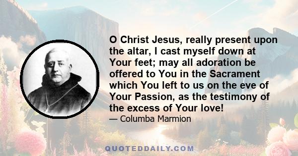 O Christ Jesus, really present upon the altar, I cast myself down at Your feet; may all adoration be offered to You in the Sacrament which You left to us on the eve of Your Passion, as the testimony of the excess of