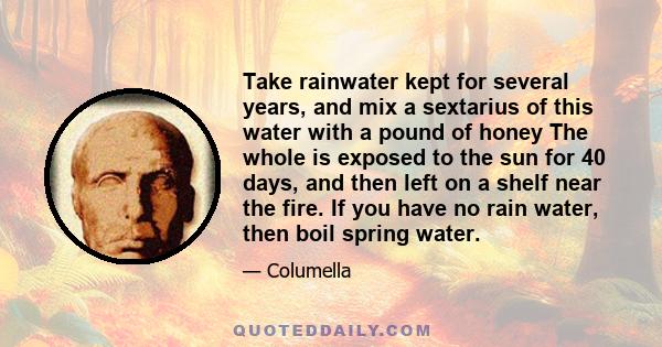 Take rainwater kept for several years, and mix a sextarius of this water with a pound of honey The whole is exposed to the sun for 40 days, and then left on a shelf near the fire. If you have no rain water, then boil