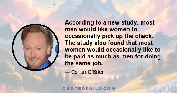 According to a new study, most men would like women to occasionally pick up the check. The study also found that most women would occasionally like to be paid as much as men for doing the same job.