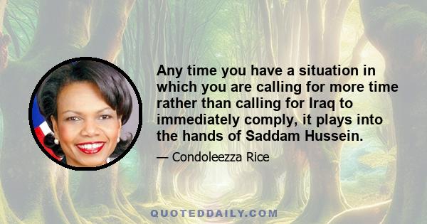 Any time you have a situation in which you are calling for more time rather than calling for Iraq to immediately comply, it plays into the hands of Saddam Hussein.