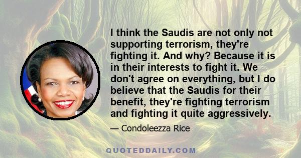 I think the Saudis are not only not supporting terrorism, they're fighting it. And why? Because it is in their interests to fight it. We don't agree on everything, but I do believe that the Saudis for their benefit,