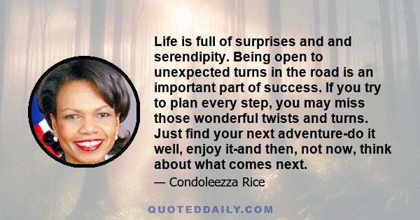 Life is full of surprises and and serendipity. Being open to unexpected turns in the road is an important part of success. If you try to plan every step, you may miss those wonderful twists and turns. Just find your