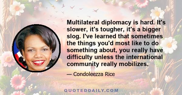 Multilateral diplomacy is hard. It's slower, it's tougher, it's a bigger slog. I've learned that sometimes the things you'd most like to do something about, you really have difficulty unless the international community