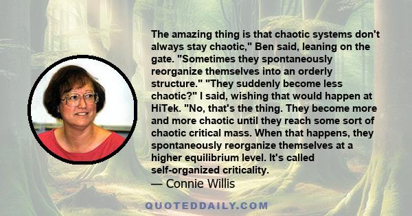 The amazing thing is that chaotic systems don't always stay chaotic, Ben said, leaning on the gate. Sometimes they spontaneously reorganize themselves into an orderly structure. They suddenly become less chaotic? I