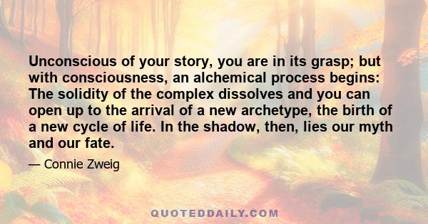 Unconscious of your story, you are in its grasp; but with consciousness, an alchemical process begins: The solidity of the complex dissolves and you can open up to the arrival of a new archetype, the birth of a new