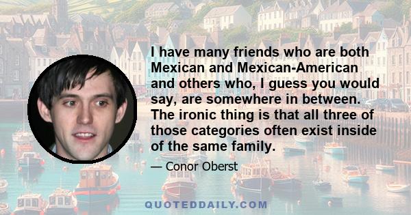 I have many friends who are both Mexican and Mexican-American and others who, I guess you would say, are somewhere in between. The ironic thing is that all three of those categories often exist inside of the same family.