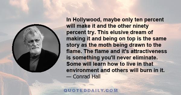 In Hollywood, maybe only ten percent will make it and the other ninety percent try. This elusive dream of making it and being on top is the same story as the moth being drawn to the flame. The flame and it's