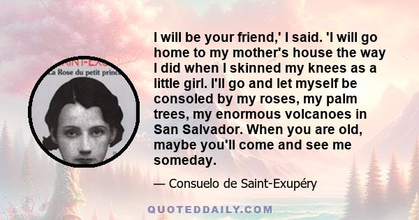 I will be your friend,' I said. 'I will go home to my mother's house the way I did when I skinned my knees as a little girl. I'll go and let myself be consoled by my roses, my palm trees, my enormous volcanoes in San