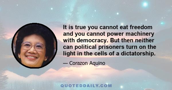 It is true you cannot eat freedom and you cannot power machinery with democracy. But then neither can political prisoners turn on the light in the cells of a dictatorship.