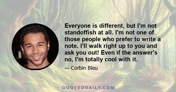 Everyone is different, but I'm not standoffish at all. I'm not one of those people who prefer to write a note. I'll walk right up to you and ask you out! Even if the answer's no, I'm totally cool with it.