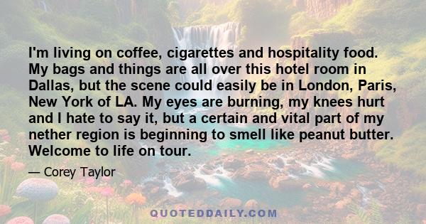 I'm living on coffee, cigarettes and hospitality food. My bags and things are all over this hotel room in Dallas, but the scene could easily be in London, Paris, New York of LA. My eyes are burning, my knees hurt and I