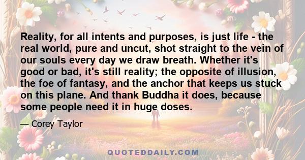 Reality, for all intents and purposes, is just life - the real world, pure and uncut, shot straight to the vein of our souls every day we draw breath. Whether it's good or bad, it's still reality; the opposite of