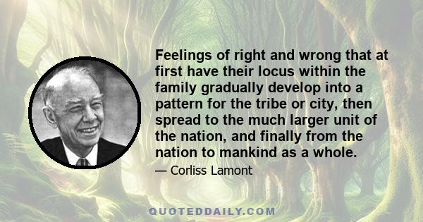 Feelings of right and wrong that at first have their locus within the family gradually develop into a pattern for the tribe or city, then spread to the much larger unit of the nation, and finally from the nation to