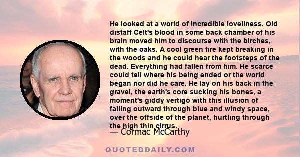 He looked at a world of incredible loveliness. Old distaff Celt's blood in some back chamber of his brain moved him to discourse with the birches, with the oaks. A cool green fire kept breaking in the woods and he could 