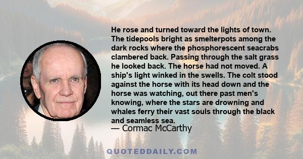 He rose and turned toward the lights of town. The tidepools bright as smelterpots among the dark rocks where the phosphorescent seacrabs clambered back. Passing through the salt grass he looked back. The horse had not