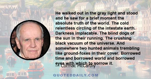 He walked out in the gray light and stood and he saw for a brief moment the absolute truth of the world. The cold relentless circling of the intestate earth. Darkness implacable. The blind dogs of the sun in their