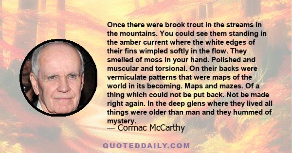 Once there were brook trout in the streams in the mountains. You could see them standing in the amber current where the white edges of their fins wimpled softly in the flow. They smelled of moss in your hand. Polished